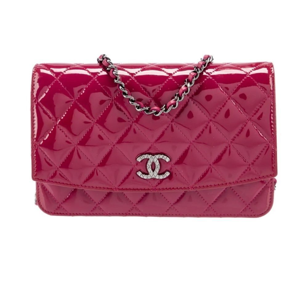 Auth Chanel Brilliant Pink Quilted Patent Leather Wallet on Chain (WOC) Clutch